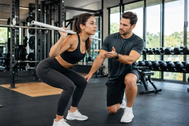 Trainer guiding client during first personal training session in a modern gym