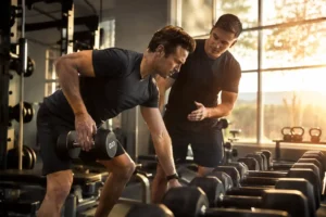 Busy professional completing an early morning personal training workout with dumbbells in a modern fitness studio