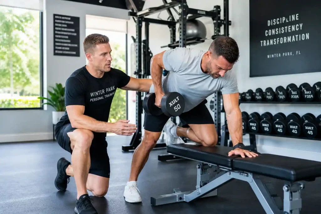 Client training with a personal trainer in Winter Park gym showing strength training progress after 90 days