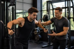 Personal trainer coaching a client through a strength training session to overcome a fitness plateau in a modern gym